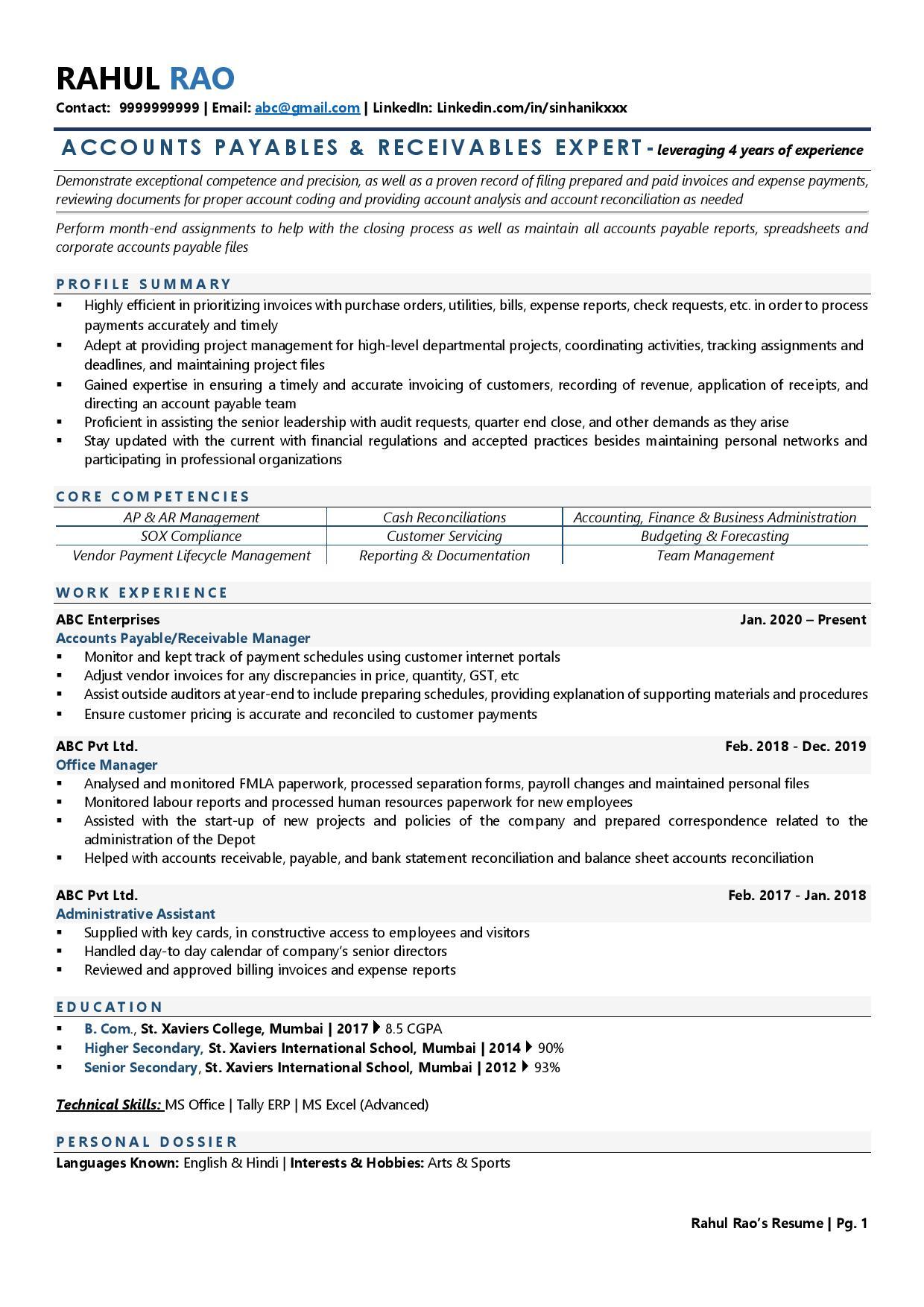 accounts officer resume format in word