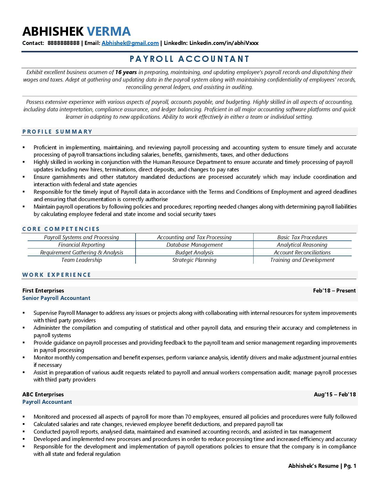 payroll resume headline examples