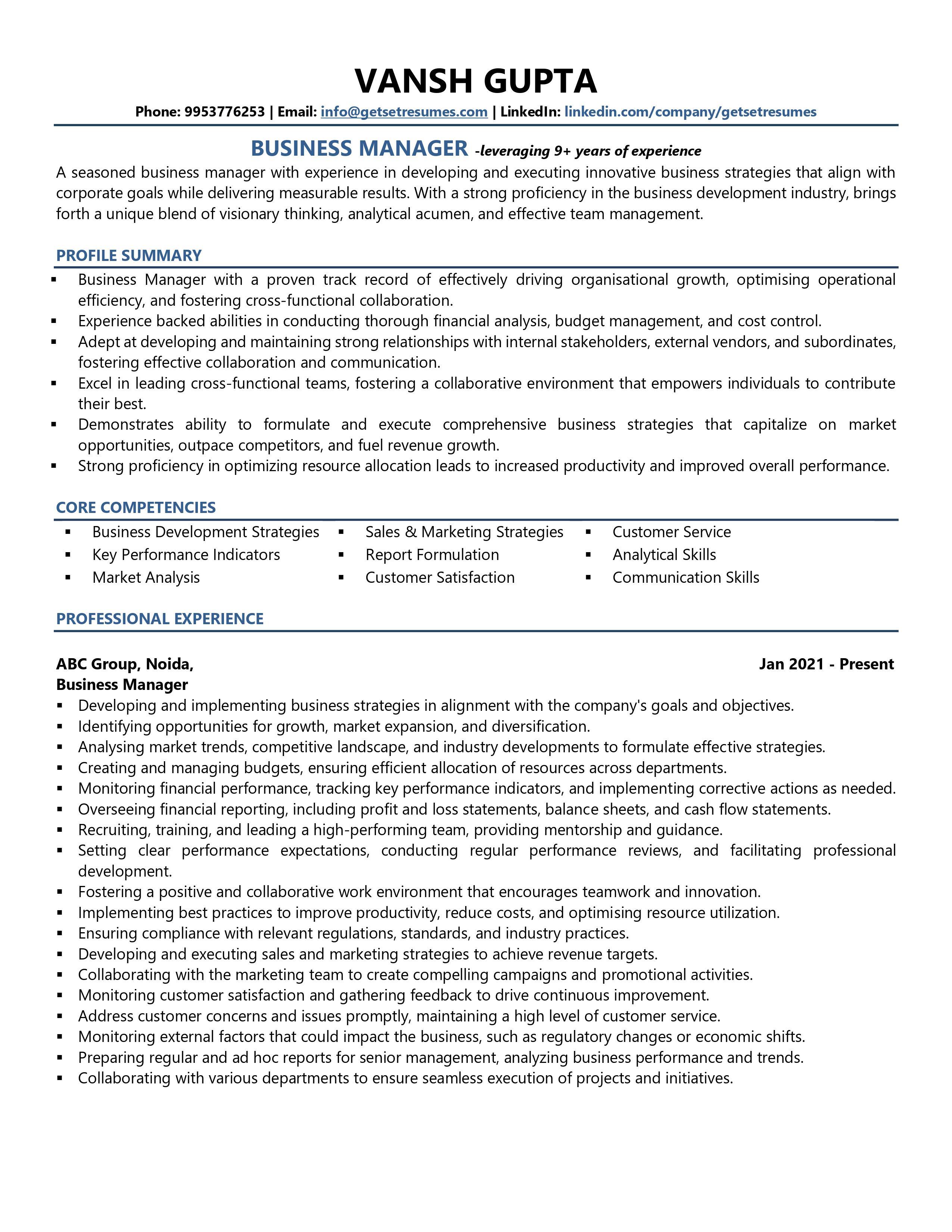 Business Manager - Resume Example & Template