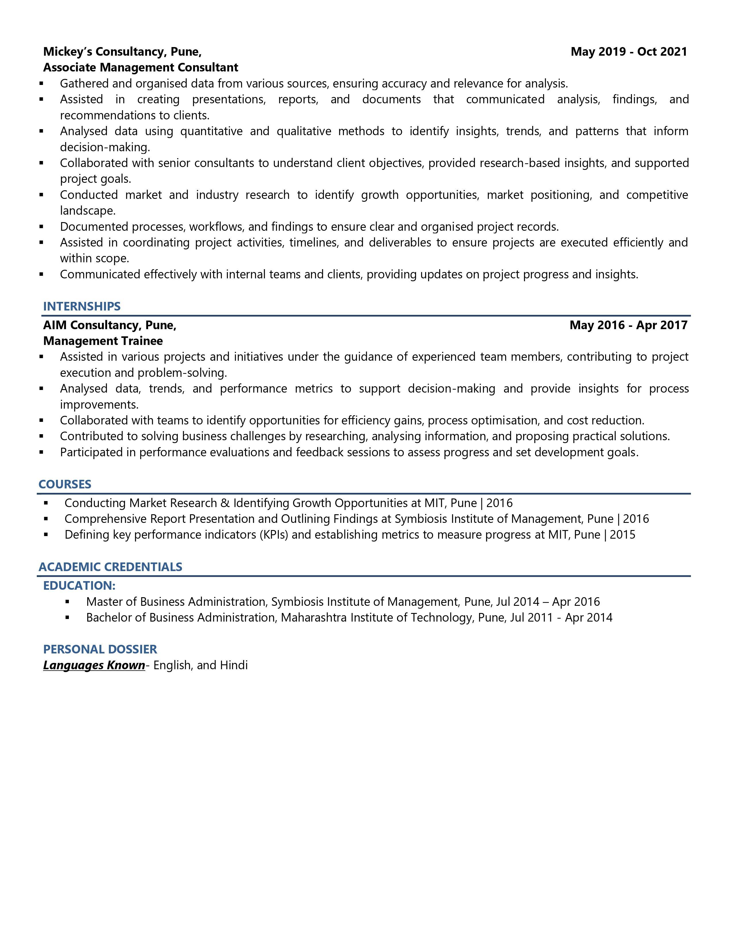 Management Consultant - Resume Example & Template