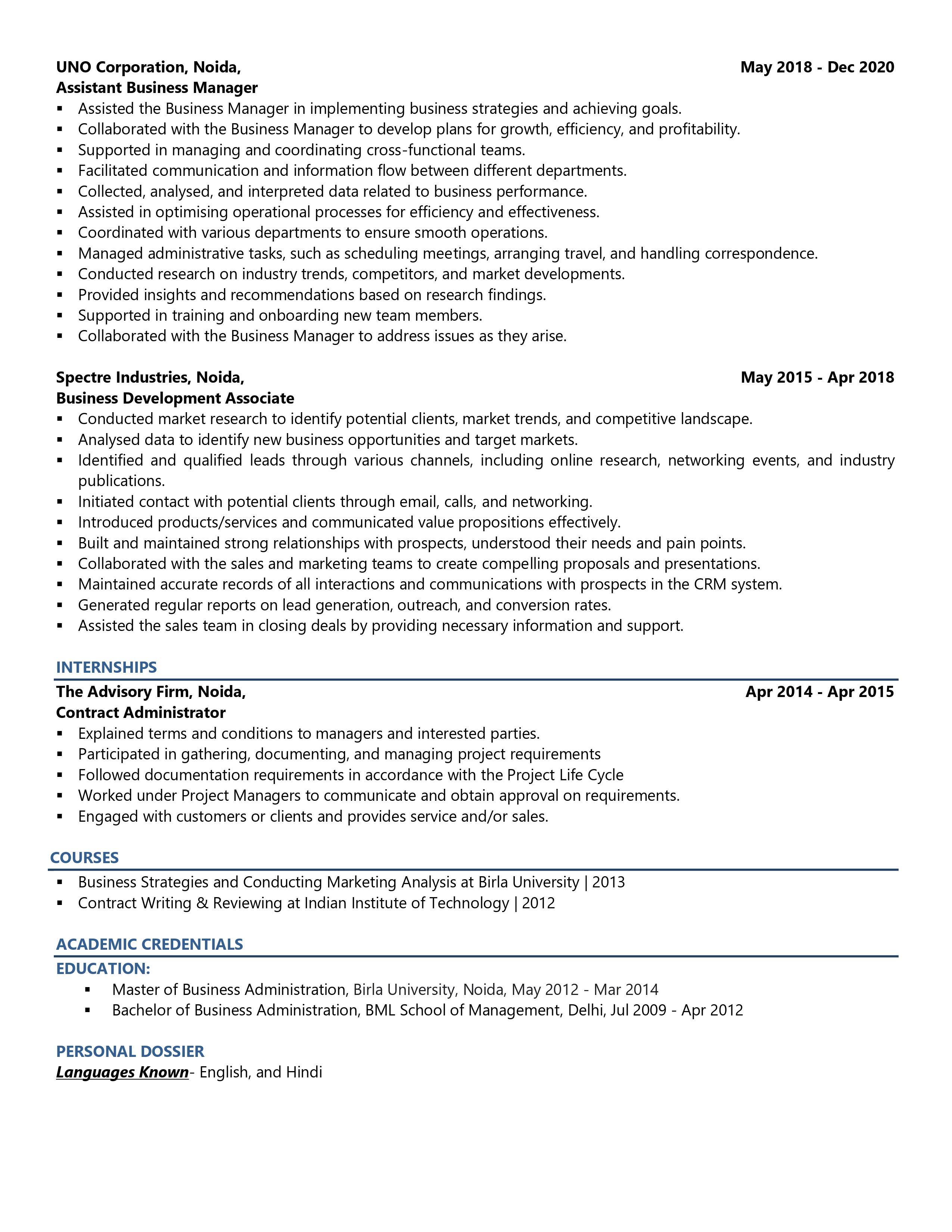 Business Manager - Resume Example & Template