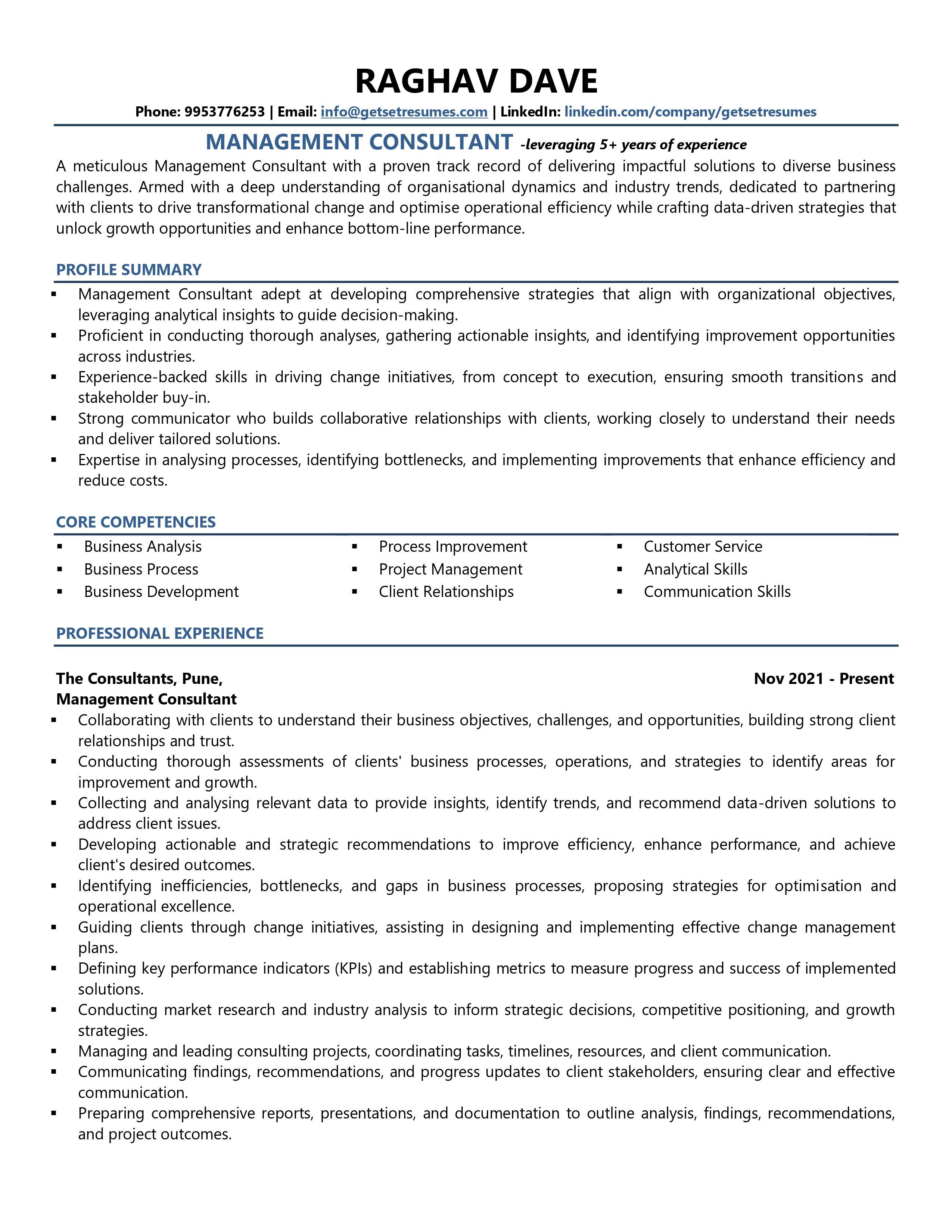 Management Consultant - Resume Example & Template