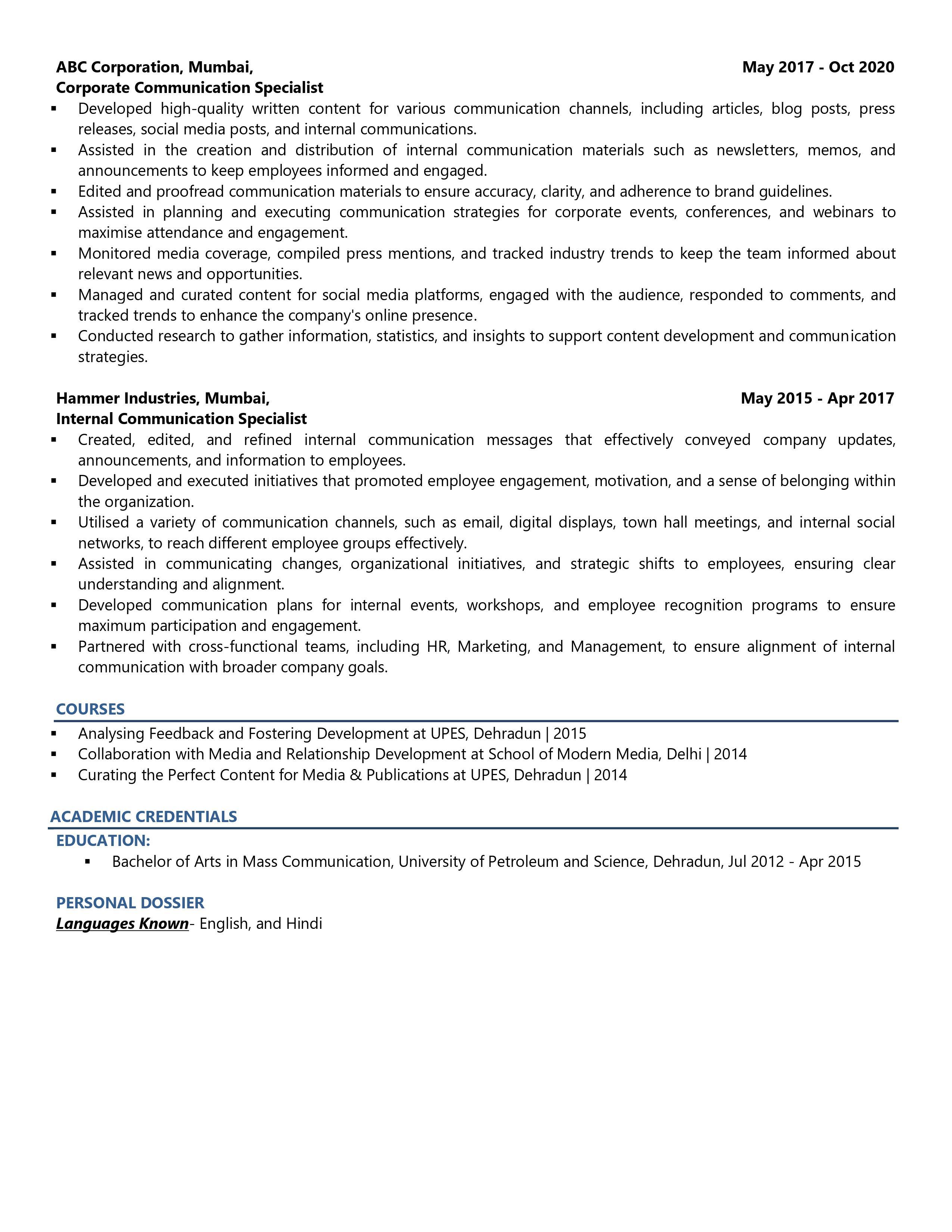 Corporate Communications Officer - Resume Example & Template