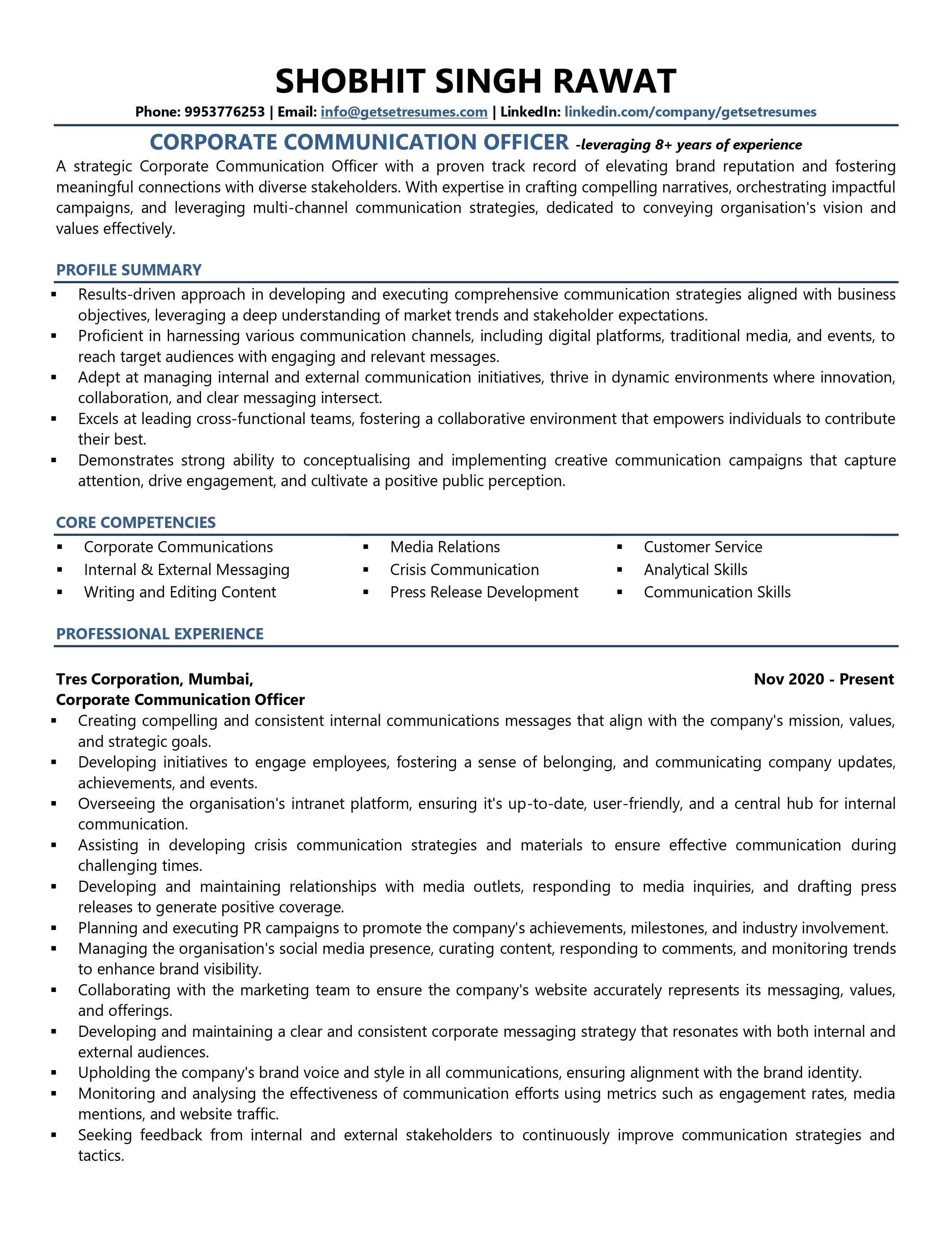 Corporate Communications Officer - Resume Example & Template