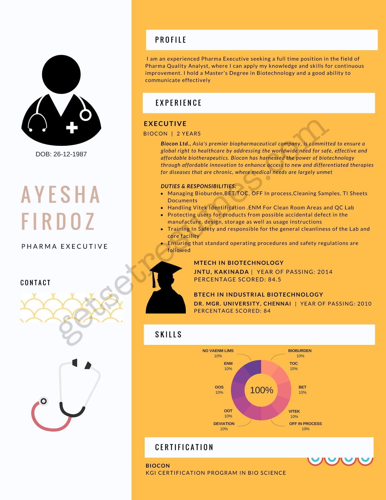 Infographic Resume for junior Pharma Executive