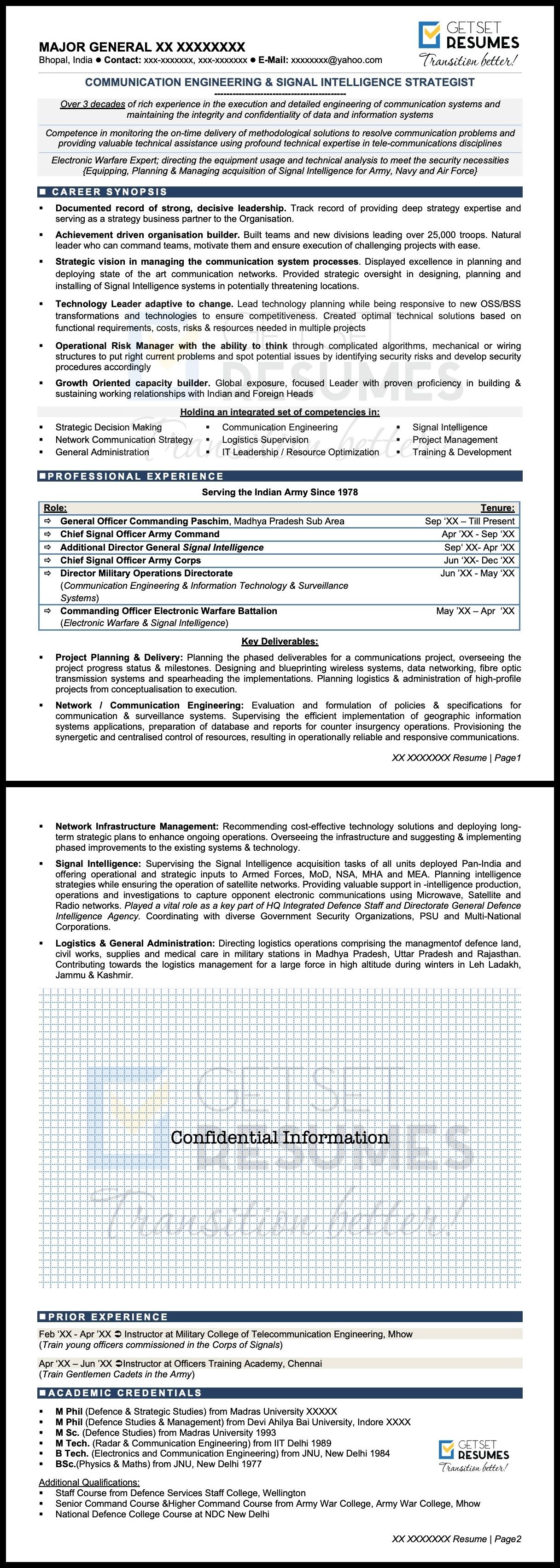 Sample Resume format of ex-Army Navy Air-Force defence veteran, translating military experience to civilian job