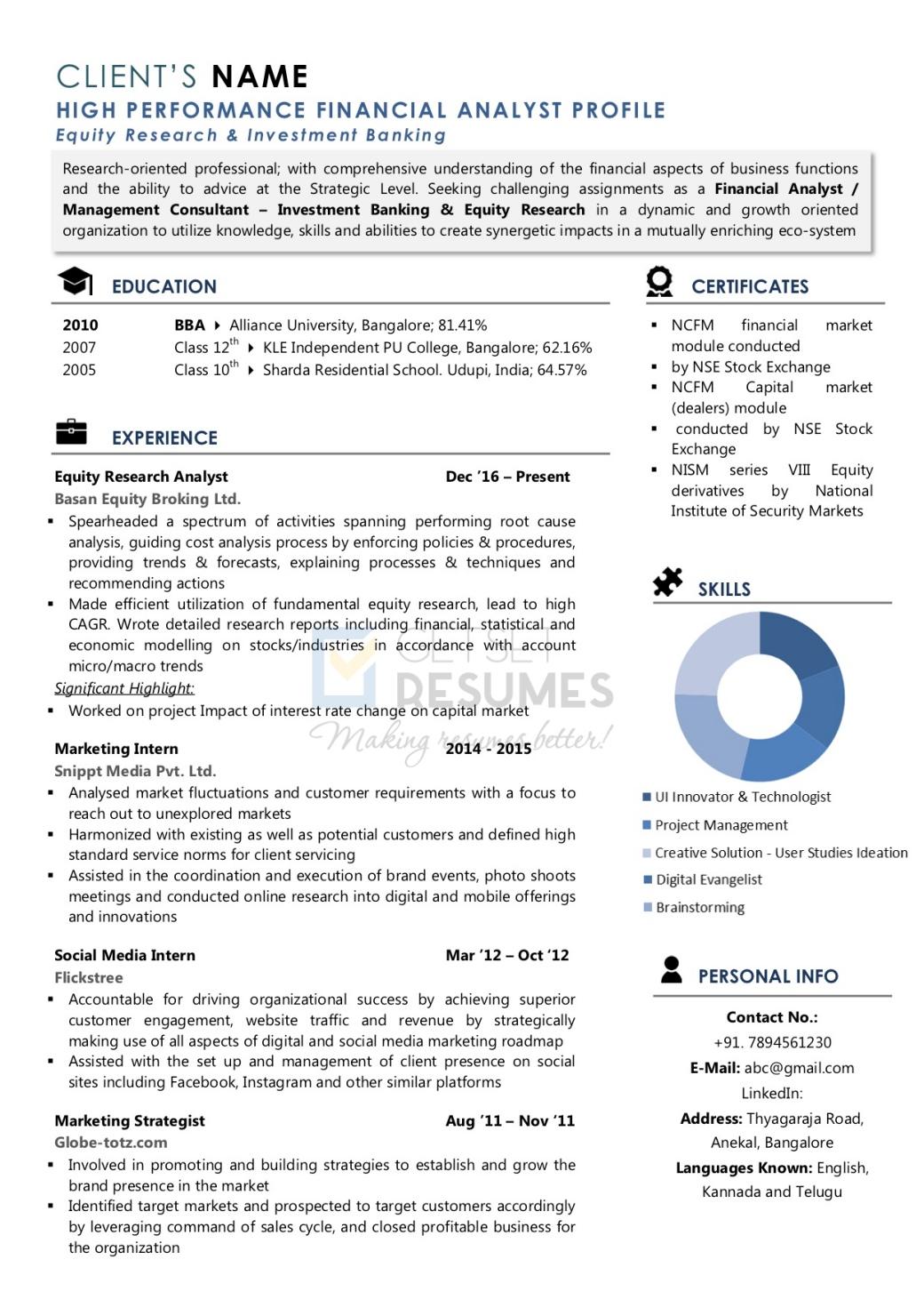 Resume Sample for Financial Analyst, Resume Sample for Equity Research, Resume Sample for Investment Analyst