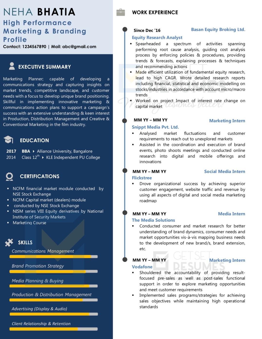 One Page Sample Resume, Marketing and Finance mixed profile, Mid Career Resume Samples India