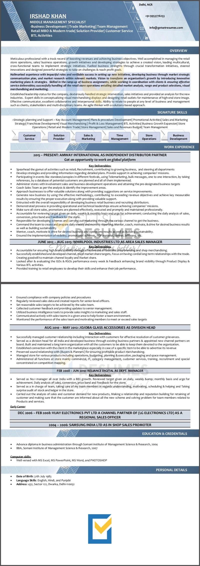 Area Sales Manager & Business Development Manager Resume Sample by GetSetResumes