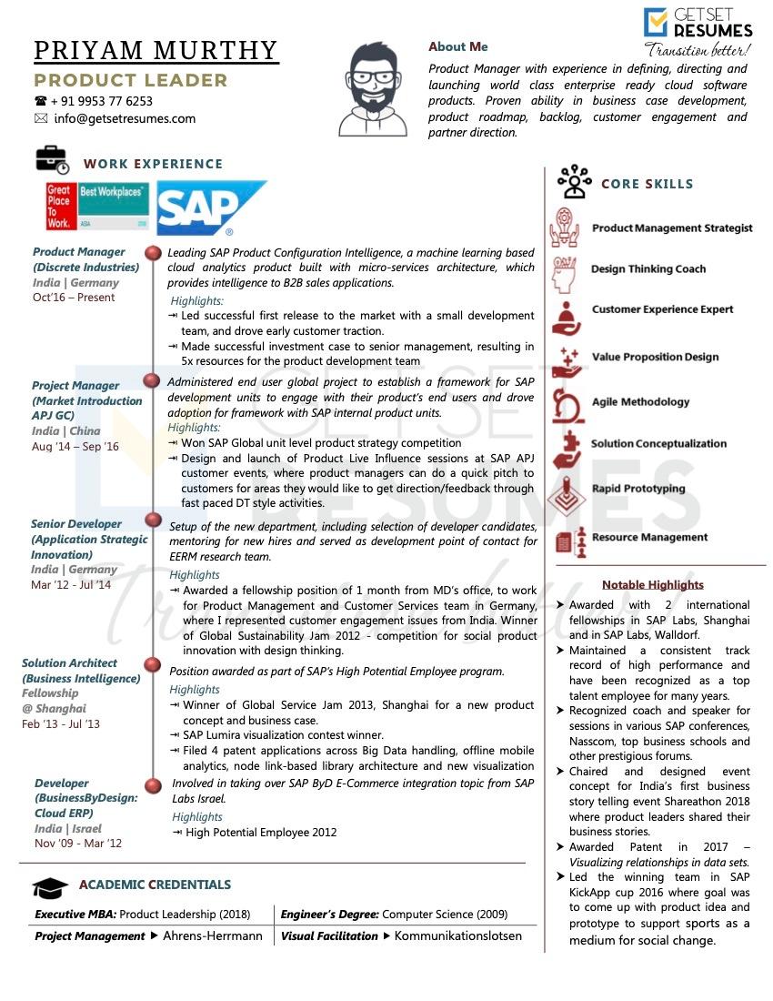 Infographic Resume Sample of experienced Product Manager with SAP by GetSetResumes
