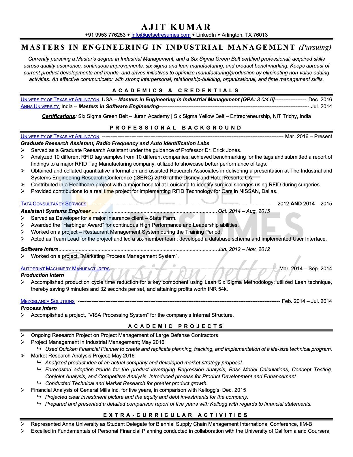 Sample Resume of Graduate Research Assistant & MS Engineering from Texas USA by getsetresumes