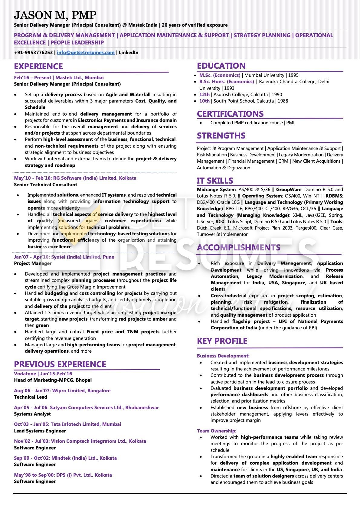 Sample Resume of Senior Delivery Manager Software with 20 years experience by getsetResumes