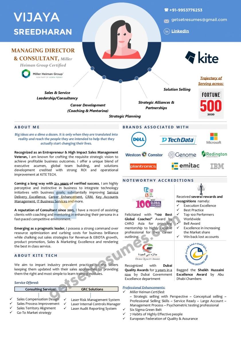 One Page Infographic Profile for an Entrepreneur and Miller Heiman Certified Global Coach