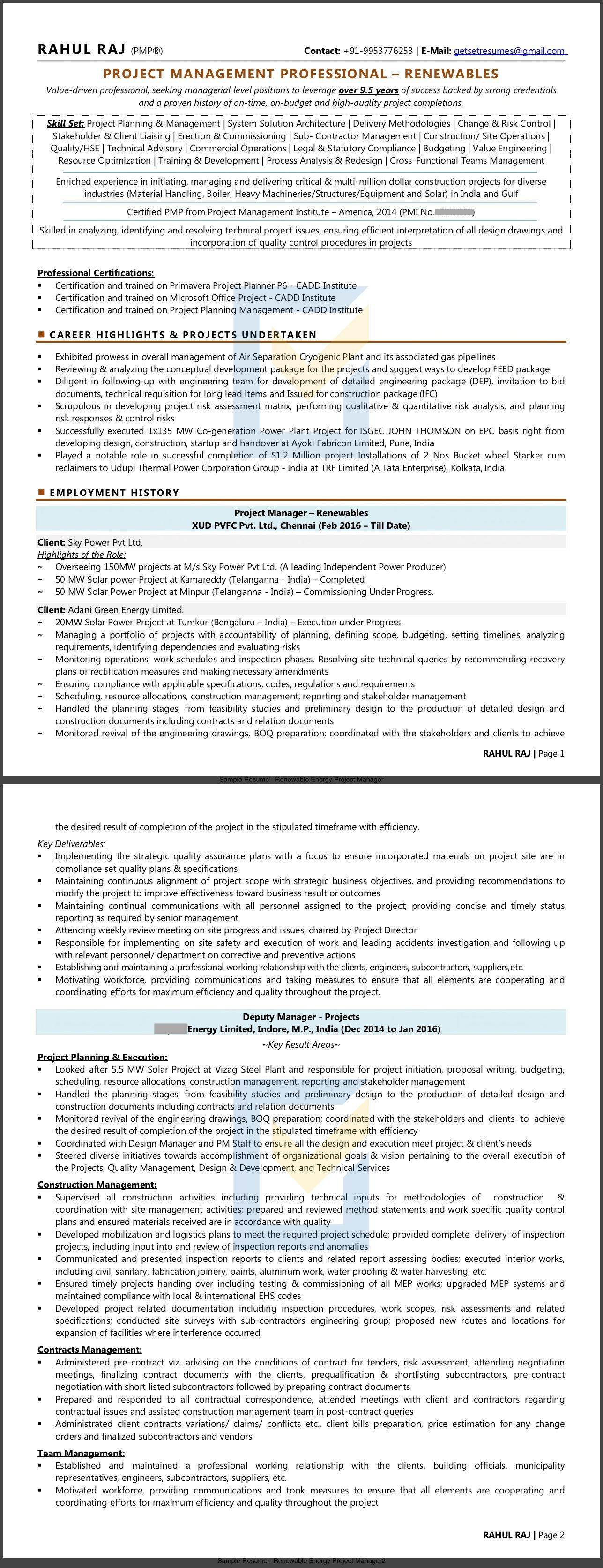 Sample Resume of PMP Project Manager in Renewable Energy / Solar sector