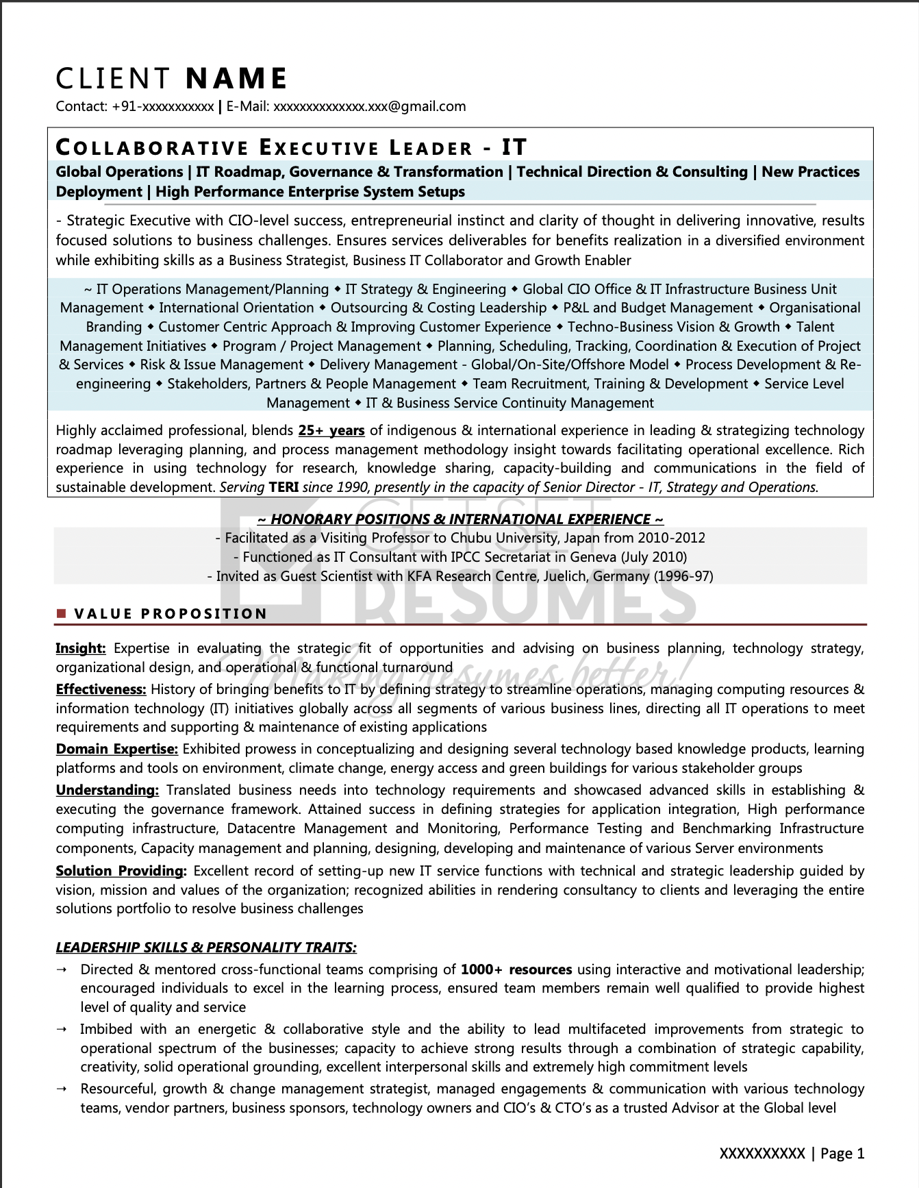 Sample Resume for Vice President (VP) of IT Strategy & Operations with 22 years experience